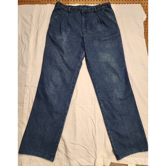 VTG 80s JORDACHE‎ FULLER FIT STRAIGHT LEG JEANS 38x34 Pin Striped Leather Horse - Picture 2 of 10